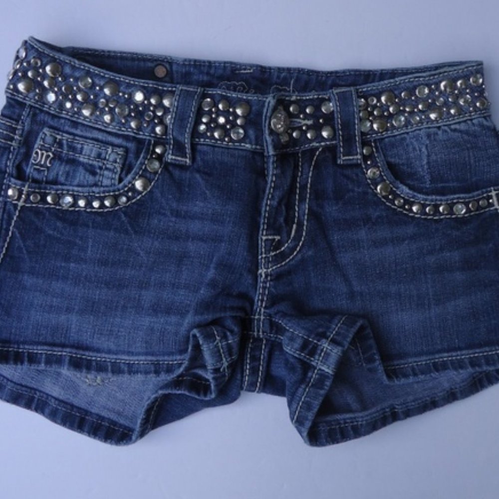 Miss Me Dark Blue Denim Jean Shorts with Studded Waist